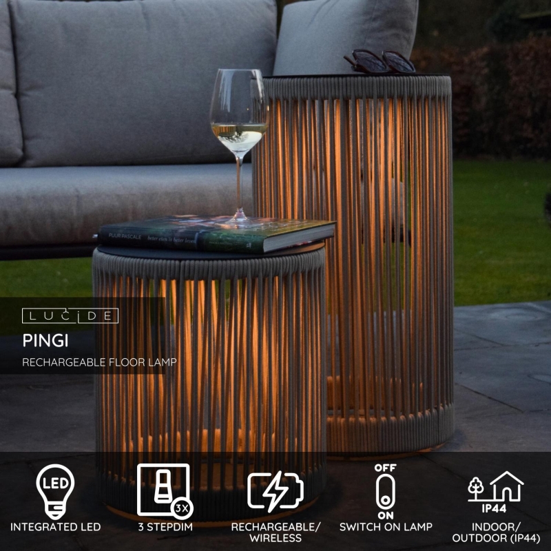 Lucide PINGI - Dobíjacia stojanová lampa Vnútorná/Vonkajšia - Batéria/batérie - Ø 30,5 cm - Rozm. - 1x3W 3000K - IP44 - Taupe